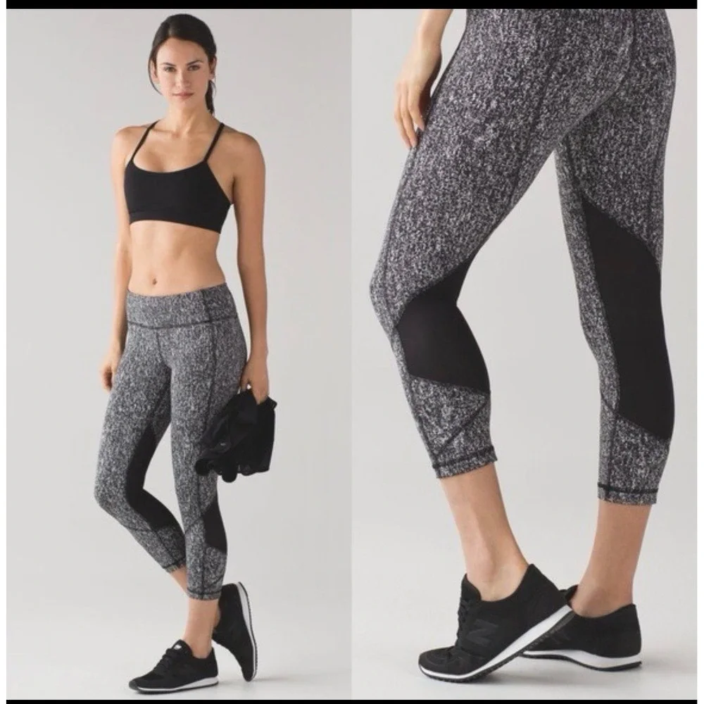Lululemon Align High Rise Crop Leggings Black White Speckle Mesh Panel Size 6
